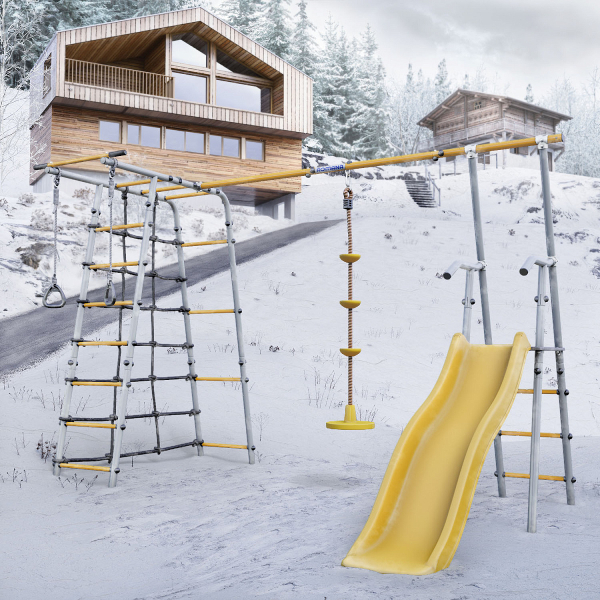 картинка Детский спортивный комплекс для дачи ROMANA Богатырь Плюс - 2 (желтый/серый) от магазина Лазалка