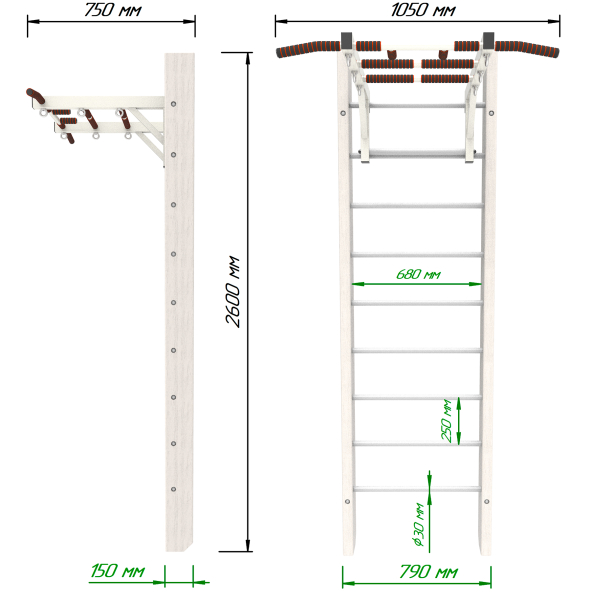 Брашированная шведская стенка "Кастерли" White с турником (Белые ступени)