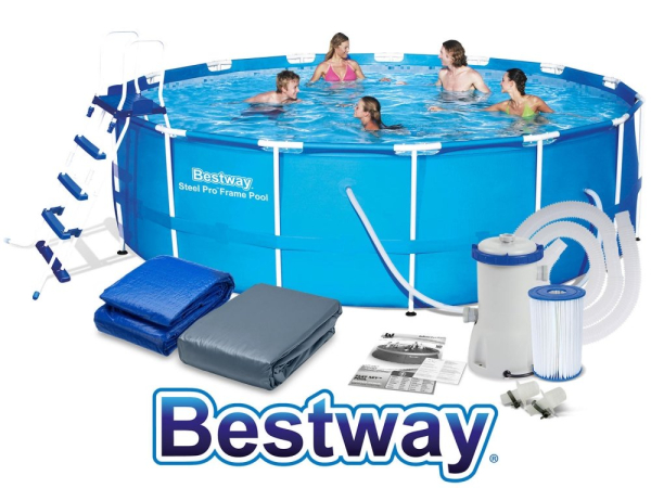 картинка Каркасный бассейн, 457х122 см, 16015 л.,фильтр-насос 3028л/ч, тент, лестница , Bestway, 56438 BW от магазина Лазалка